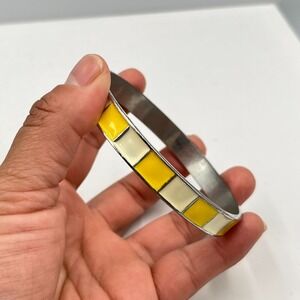 Vintage Y2K Yellow & Cream Enamel Silver Tone Bangle Bracelet Retro Mod Classic